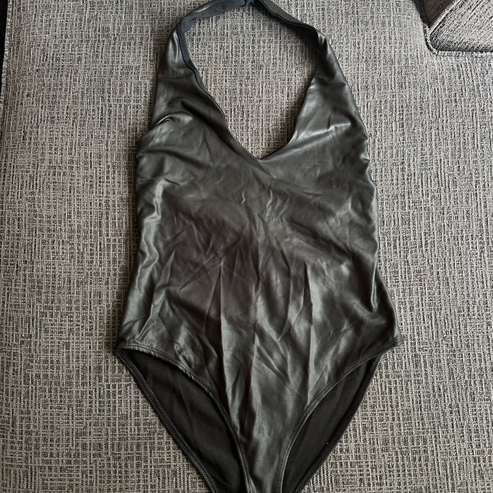 Black Leather Halter Bodysuit